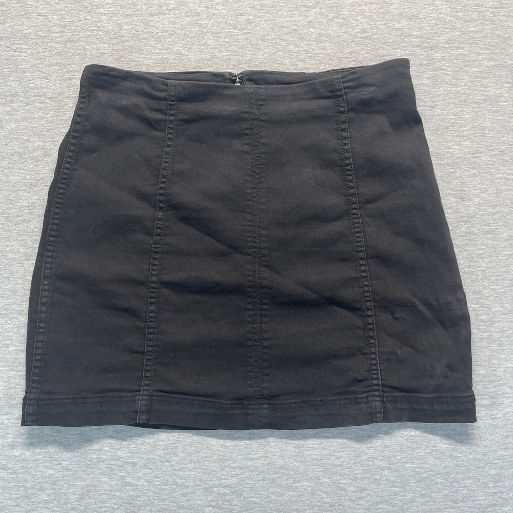 Free People Mini Skirt Womens 12 Black Denim Cotton Stretch Front Zip Summer